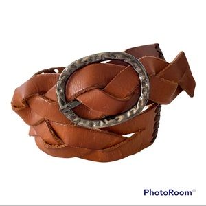 Vintage Braided Brown Tan Leather Belt Small Silver Buckle